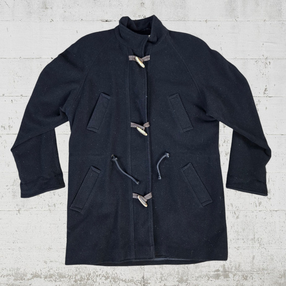 90s Vintage Black Wool Blend Toggle Closure Leather Trim Overcoat Size Medium - Picture 1 of 13